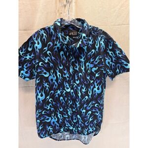 Rude Mens Blue Flame Print Short Sleeve Button Down Shirt Black Size M Y2K